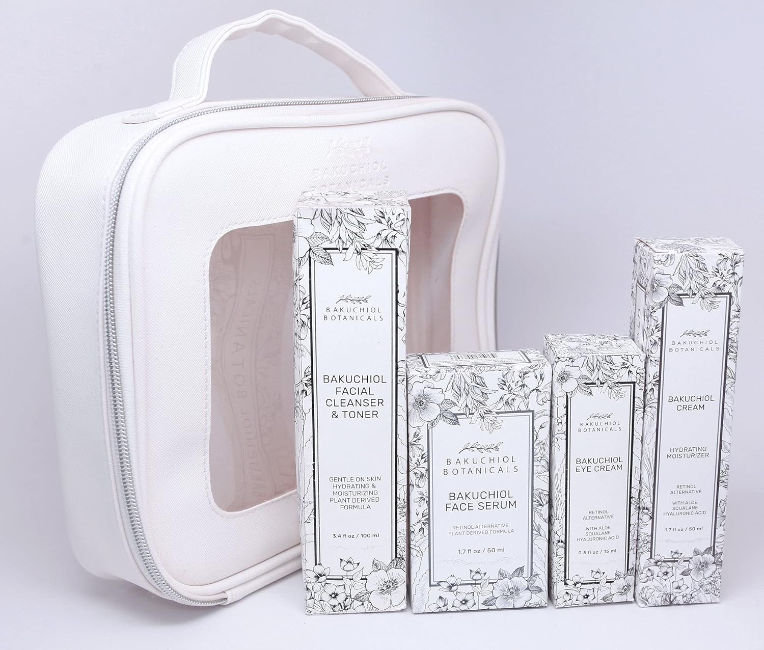 Bakuchol Botanicals Gift Set with Travel Case, Includes Face Serum, Toner Cleanser All-in-One, Eye Cream, Moisturizer