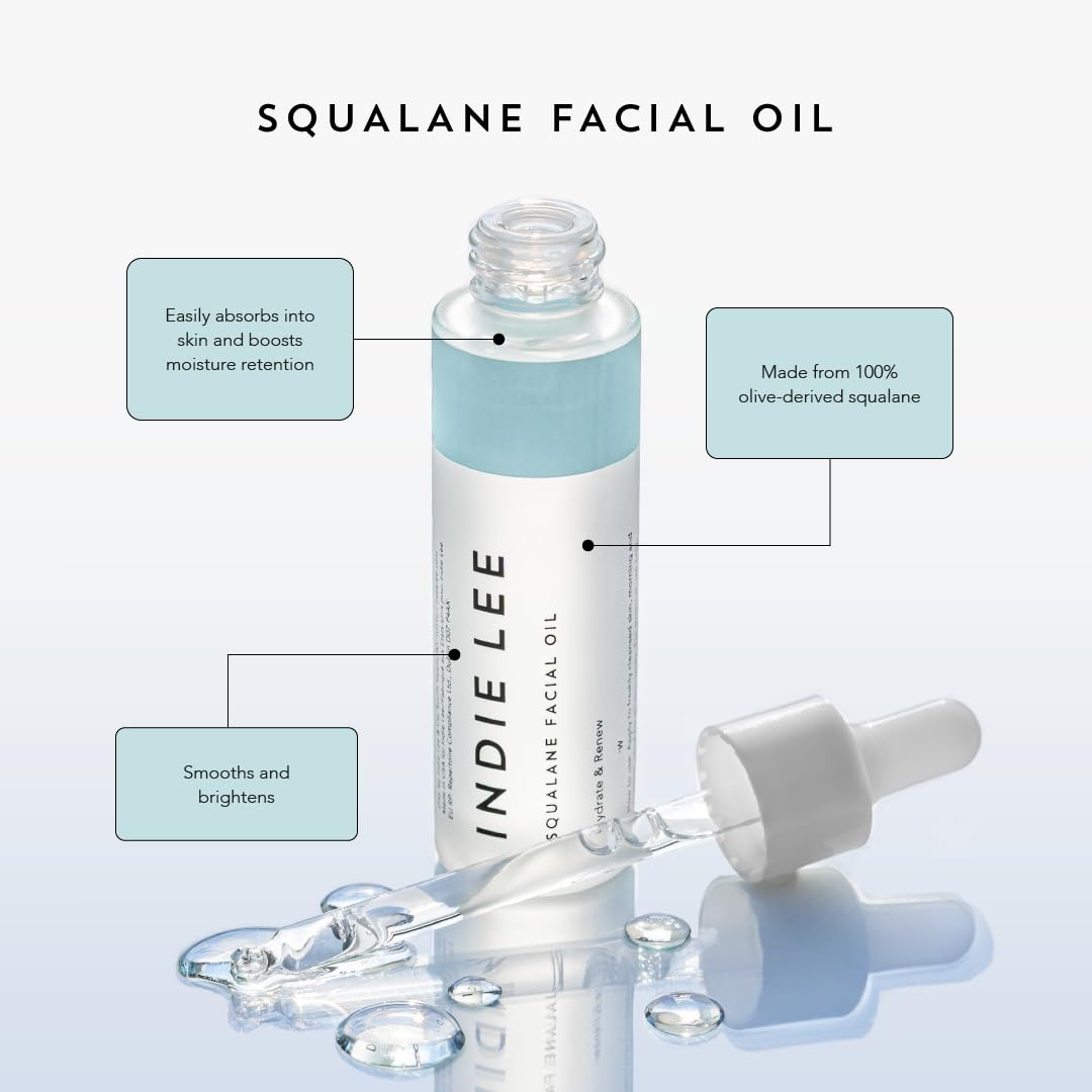 Indie Lee 100% Squalane Oil - Daily Face Oil Hydrating Moisturizer for Dry Skin, Fine Lines and Wrinkles - Even Skin Tone, Brighten Improve Texture - Facial Oil for All Skin Types (10ml)