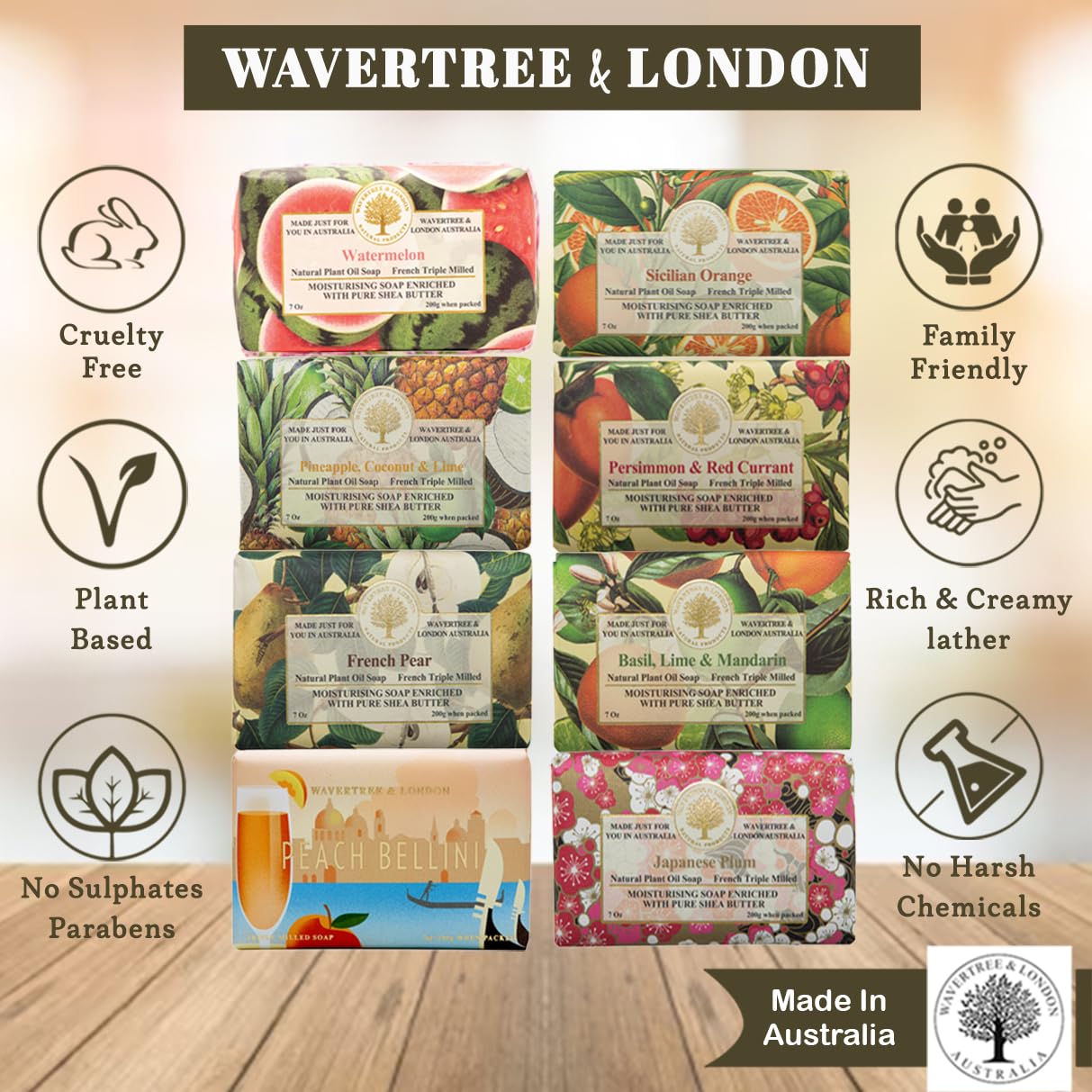 Wavertree London Assorted Favorites 8 Bars Scented Natural Soap Bars, 7oz Each Moisturizing French Triple Milled Soap Bars Enriched with Shea Butter and Pure Plant Oils | All Body Bath Soap